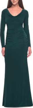 La Femme Long Jersey Evening Dress with Draped Neckline