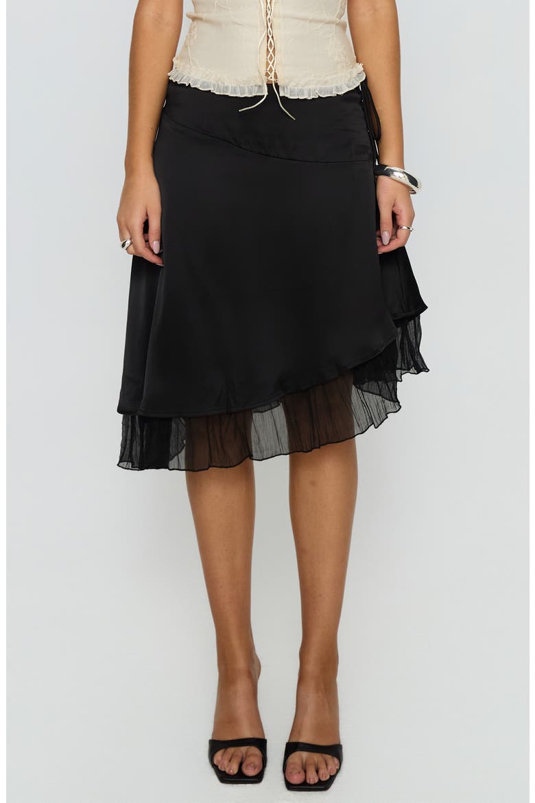 Rosemead Chiffon Trim Satin Midi Skirt, Main, color, BLACK