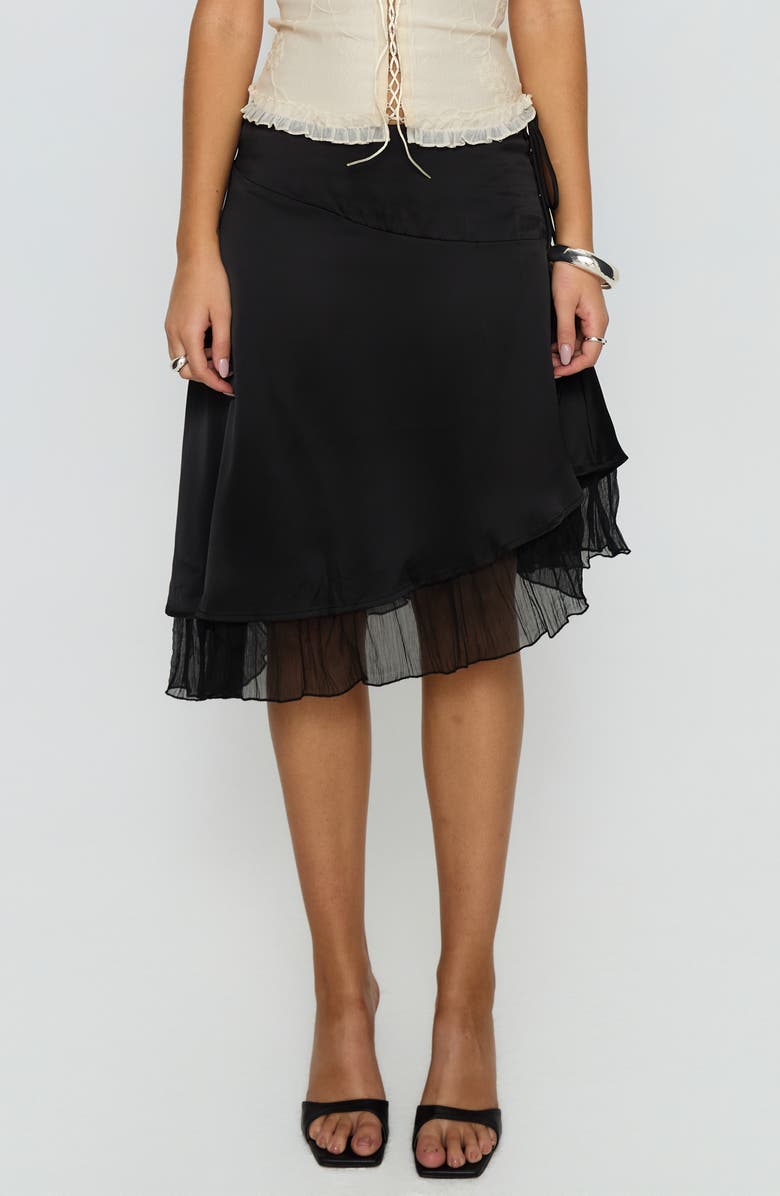 Princess Polly Rosemead Chiffon Trim Satin Midi Skirt, Main, color, Black