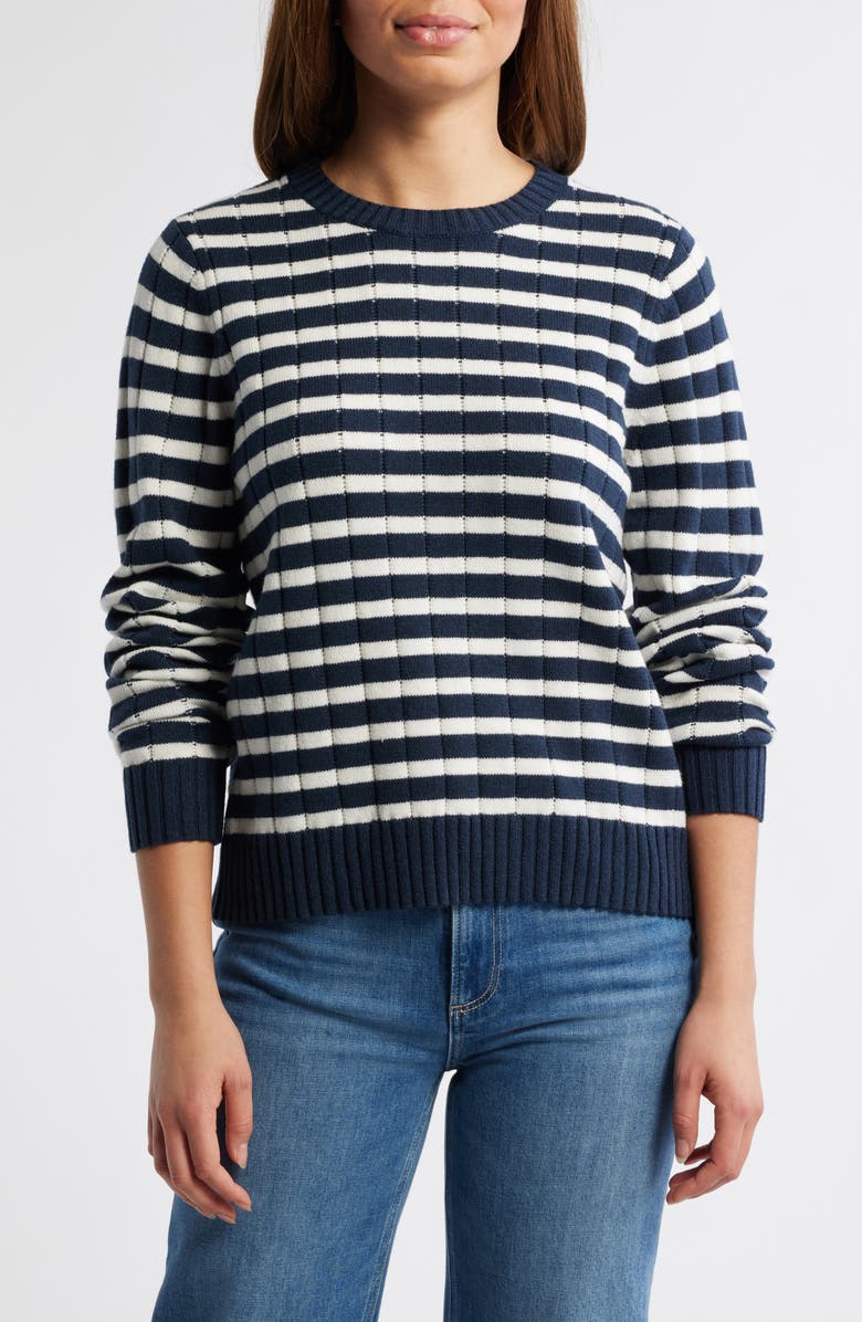 Caslon<sup>®</sup> Stripe Crewneck Rib Sweater, Main, color, Navy Blazer- Ivory Stripe