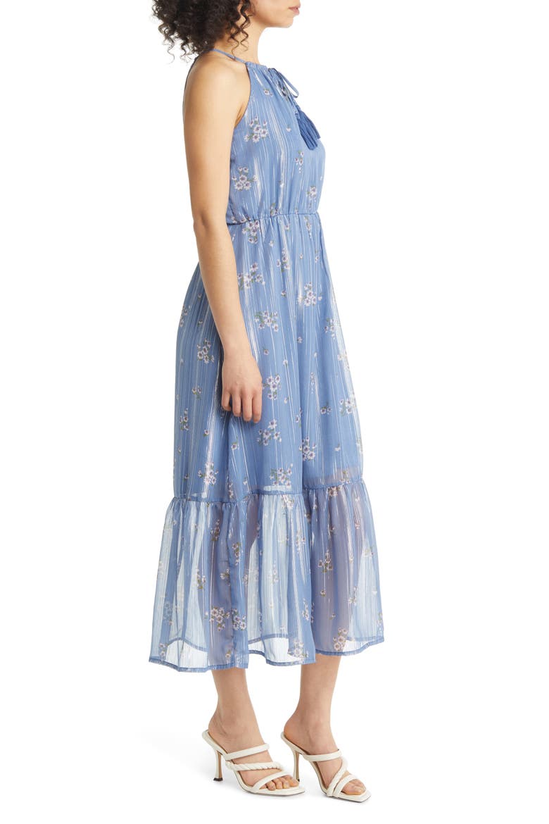 Tie Neck Tiered Midi Dress, Alternate, color, BLUE