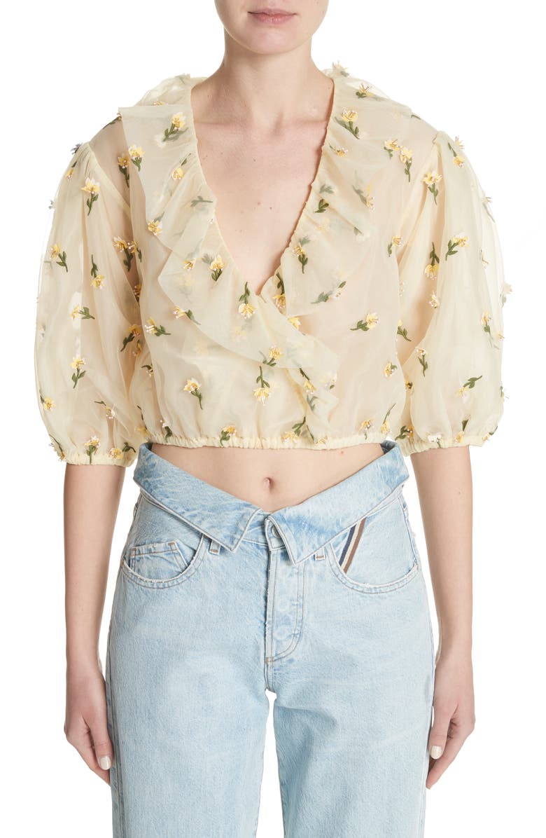 Ganni Bliss Embroidered Floral Wrap Top, Main, color, 