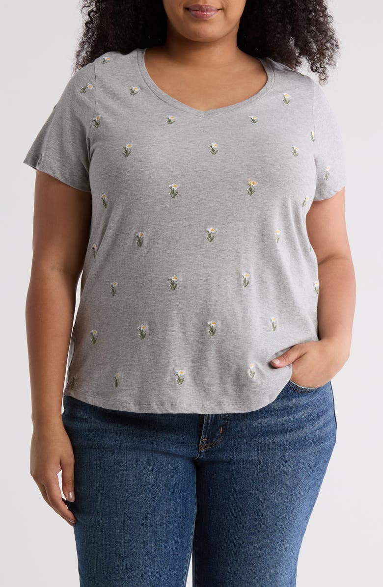 Lucky Brand Embroidered Cotton T-Shirt, Main, color, Grey/ Daisy Embroidery