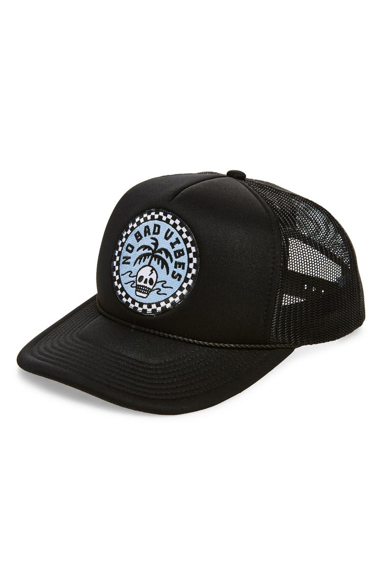 Local Beach No Bad Vibes Trucker Hat, Main, color, Black