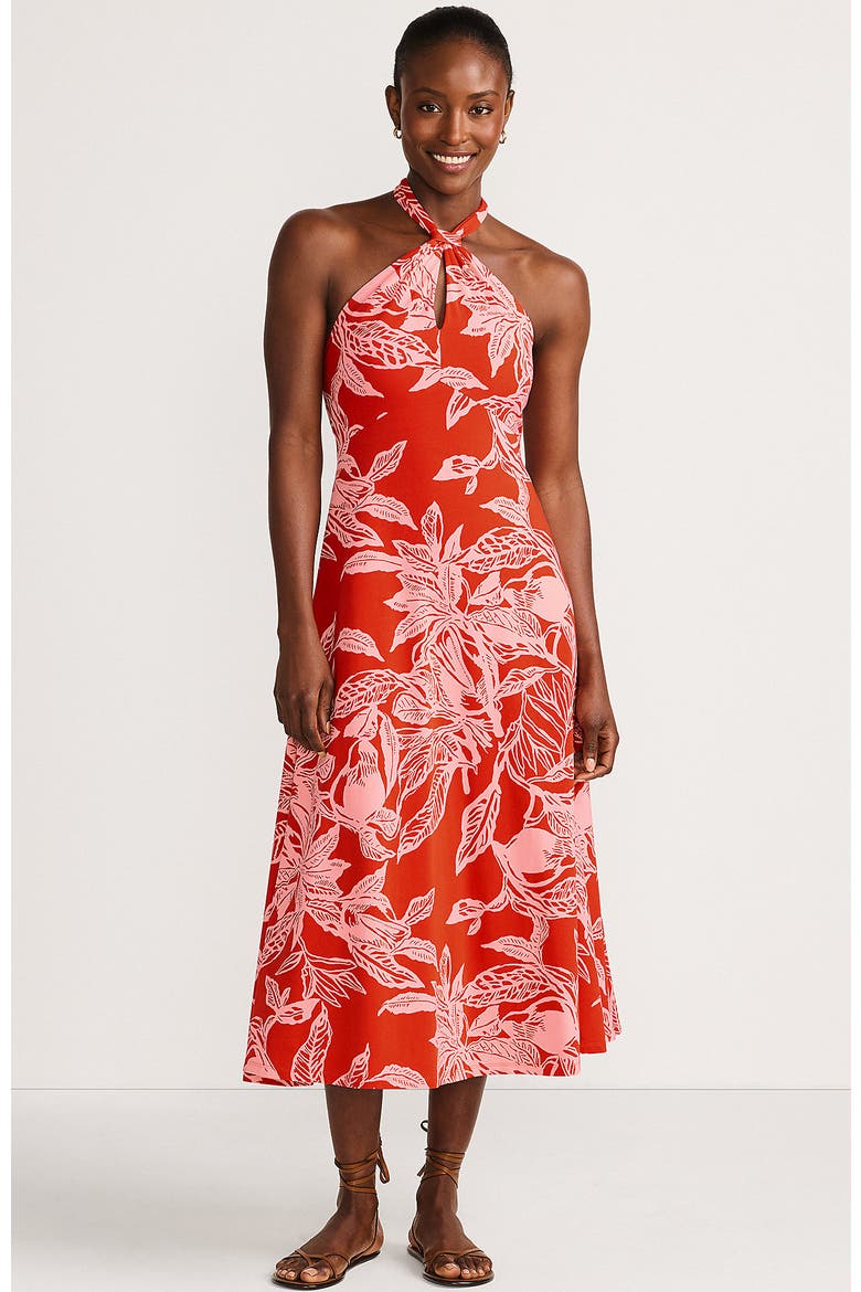 Cotton Modal Halter Midi Dress, Main, color, Mandarin Orange Etched Leaves