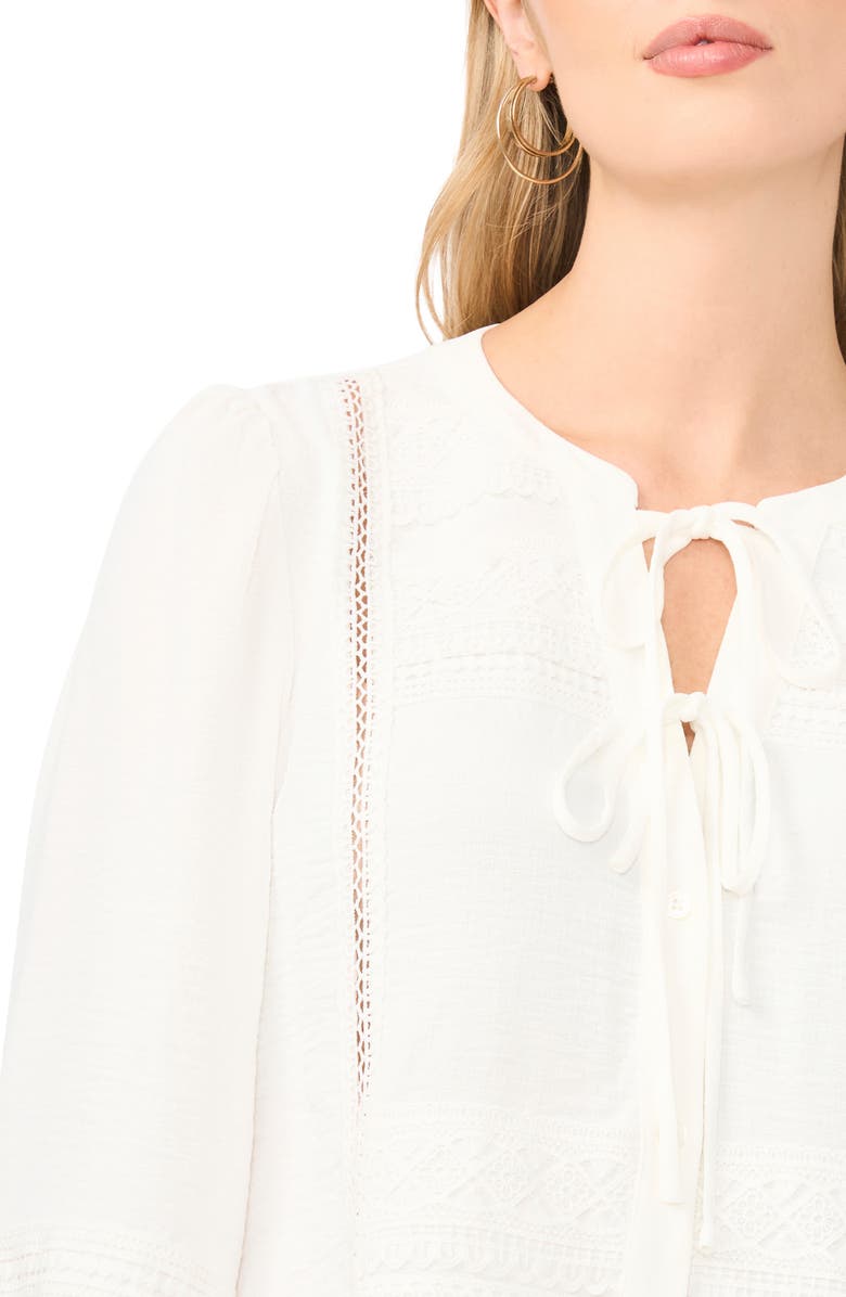 Vince Camuto Lace Yoke Tie Front Long Sleeve Top, Alternate, color, Ultra White