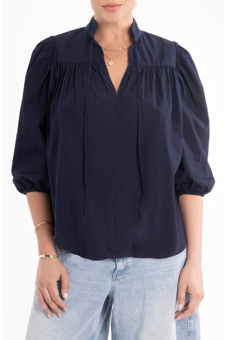 Cotton Tie Neck 3/4 Sleeve Top, Main, color, Navy