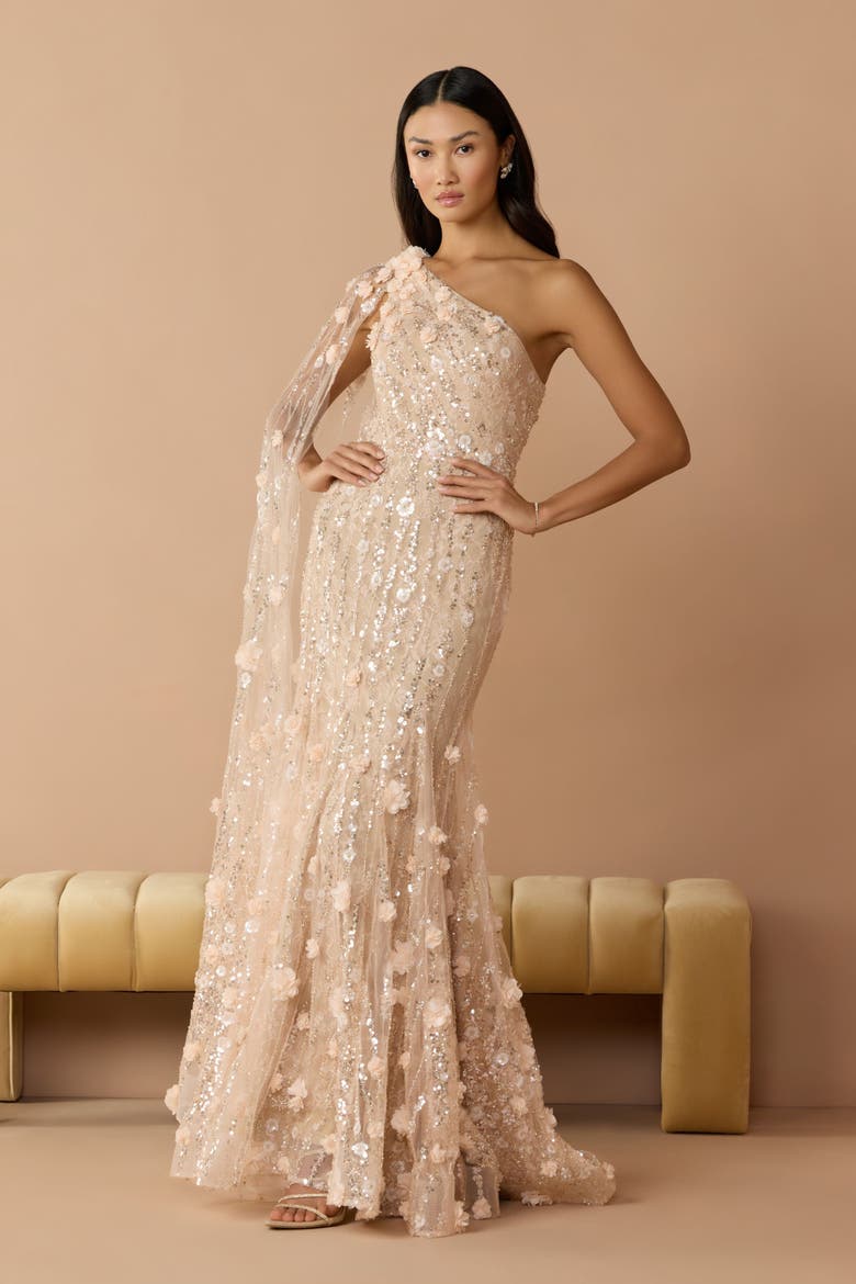 Floral Mesh One Shoulder Trumpet Gown With Float, Alternate, color, Porcelain