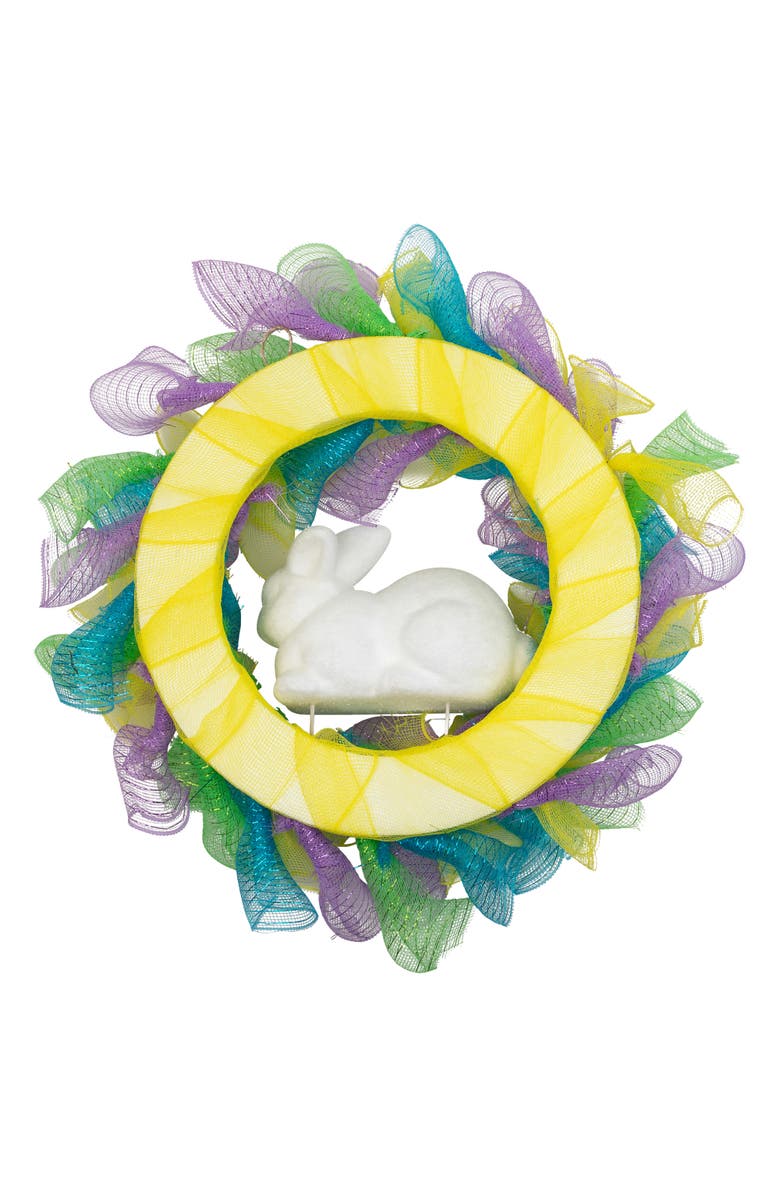 Northlight Pastel Deco Mesh Ribbon Easter Bunny Wreath - 24", Alternate, color, Yellow