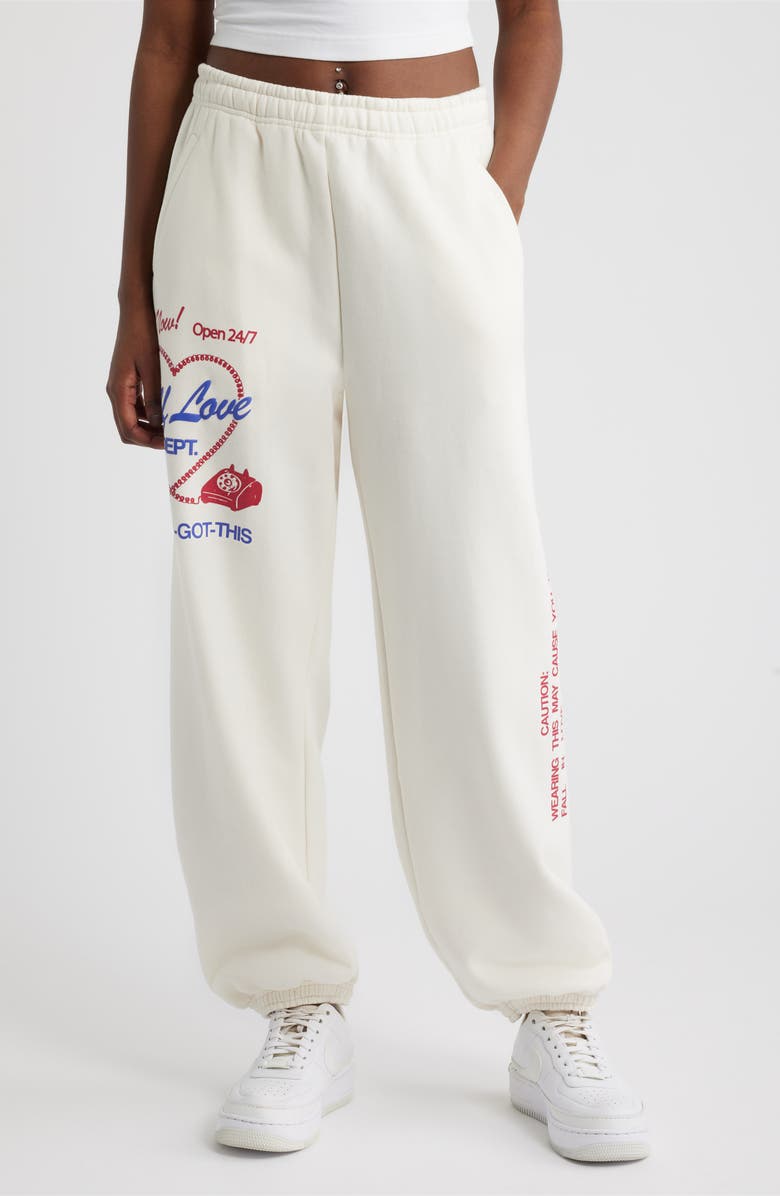 THE MAYFAIR GROUP Self Love Club Oversize Fleece Graphic Sweatpants, Main, color, Cream