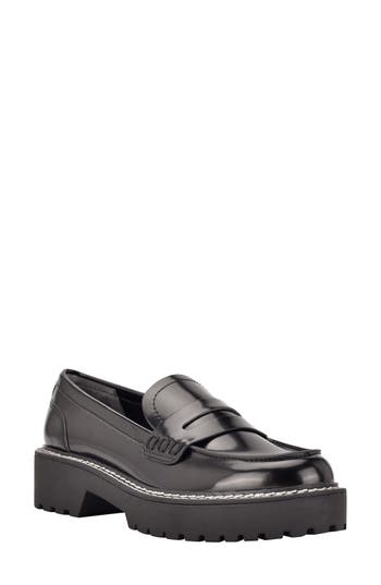 Calvin Klein Suzie 2 Womens Patent Lug Sole Penny Loafers In Black
