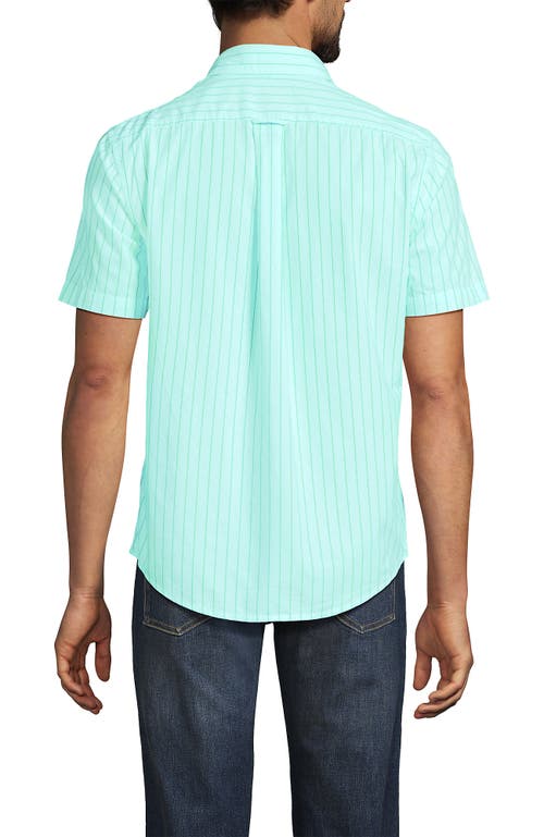 Lands' End Short Sleeve Essential Lightweight Poplin In Pale Aqua Ice/green Stripe