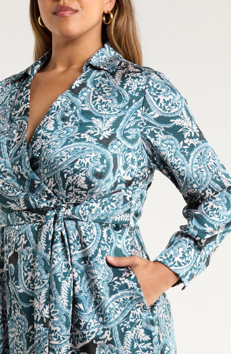 Tahari ASL Tie Belt Matte Satin Shirtdress, Alternate, color, Teal