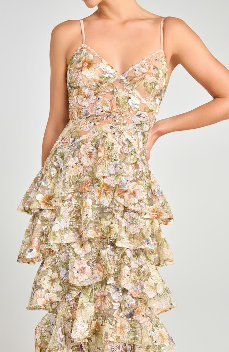 NADINE MERABI Florence Beaded Floral Tiered Cocktail Midi Dress, Alternate, color, Green