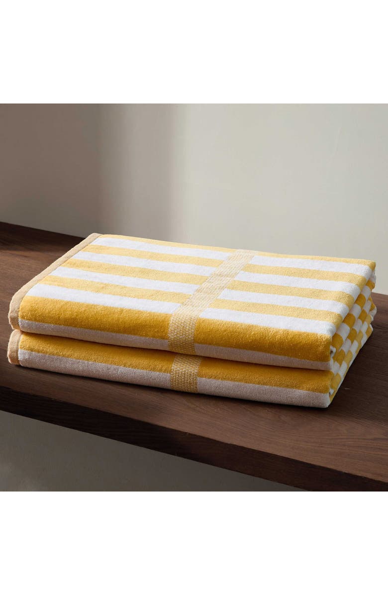 Calvin Klein Mingled Check Stripe Beach Towel, Alternate, color, Pale Marigold/ White