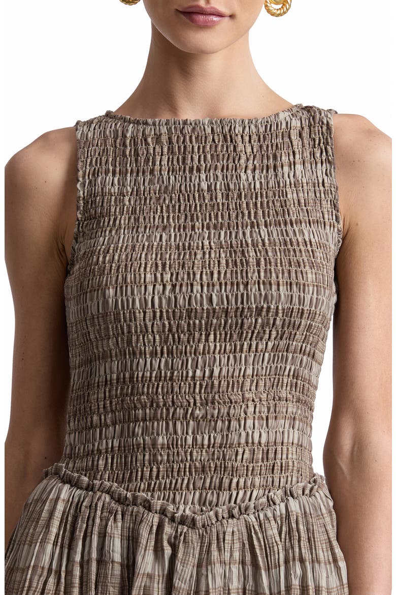 Smocked Basque Waist Minidress, Alternate, color, NATURAL PLAID