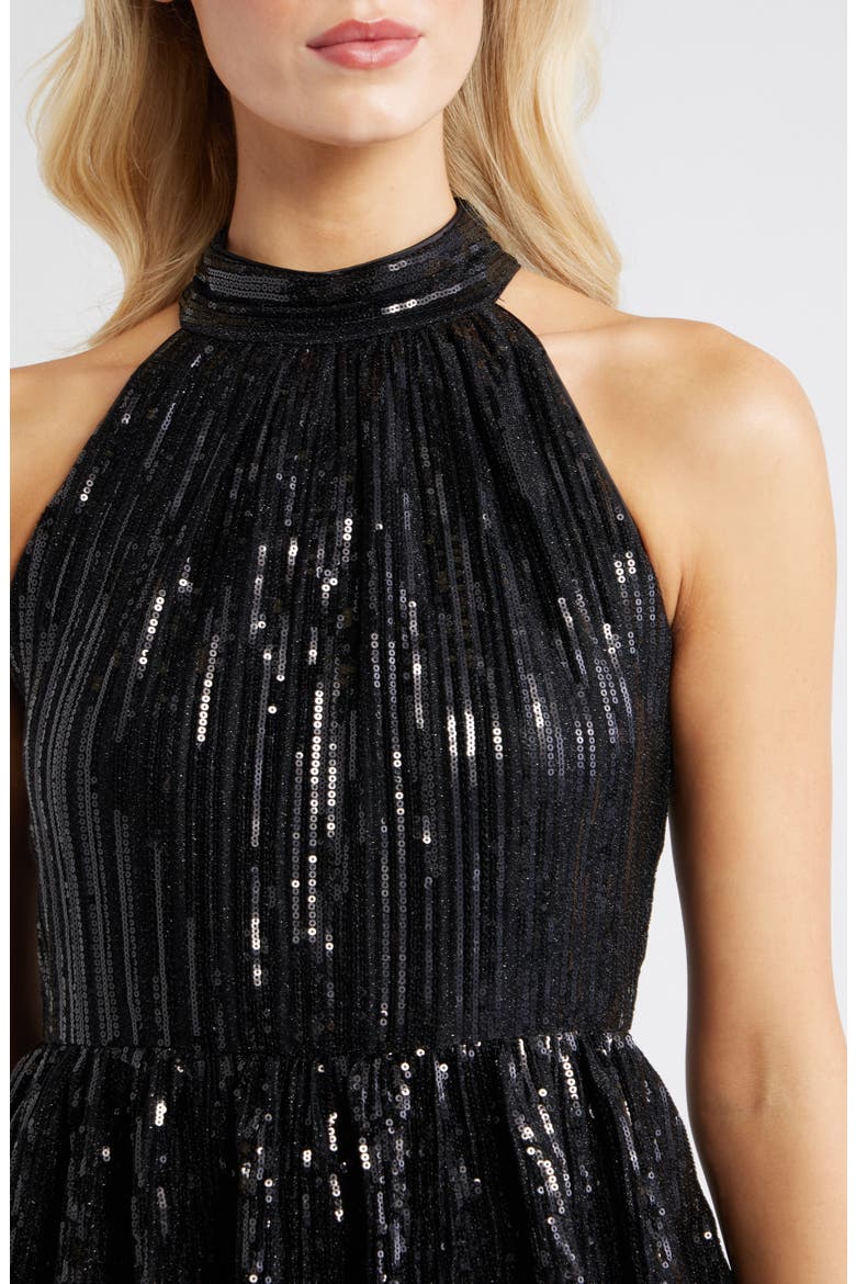 Sequin Tiered Halter Party Dress, Alternate, color, BLACK