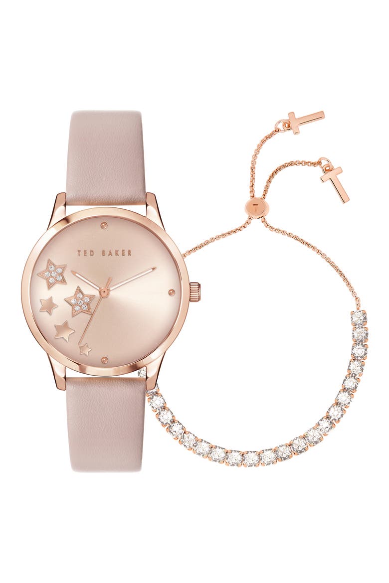 Fitzrovia Leather Strap Watch & Bracelet Set, 34mm, Main, color, ROSE GOLD/ PINK/ PINK