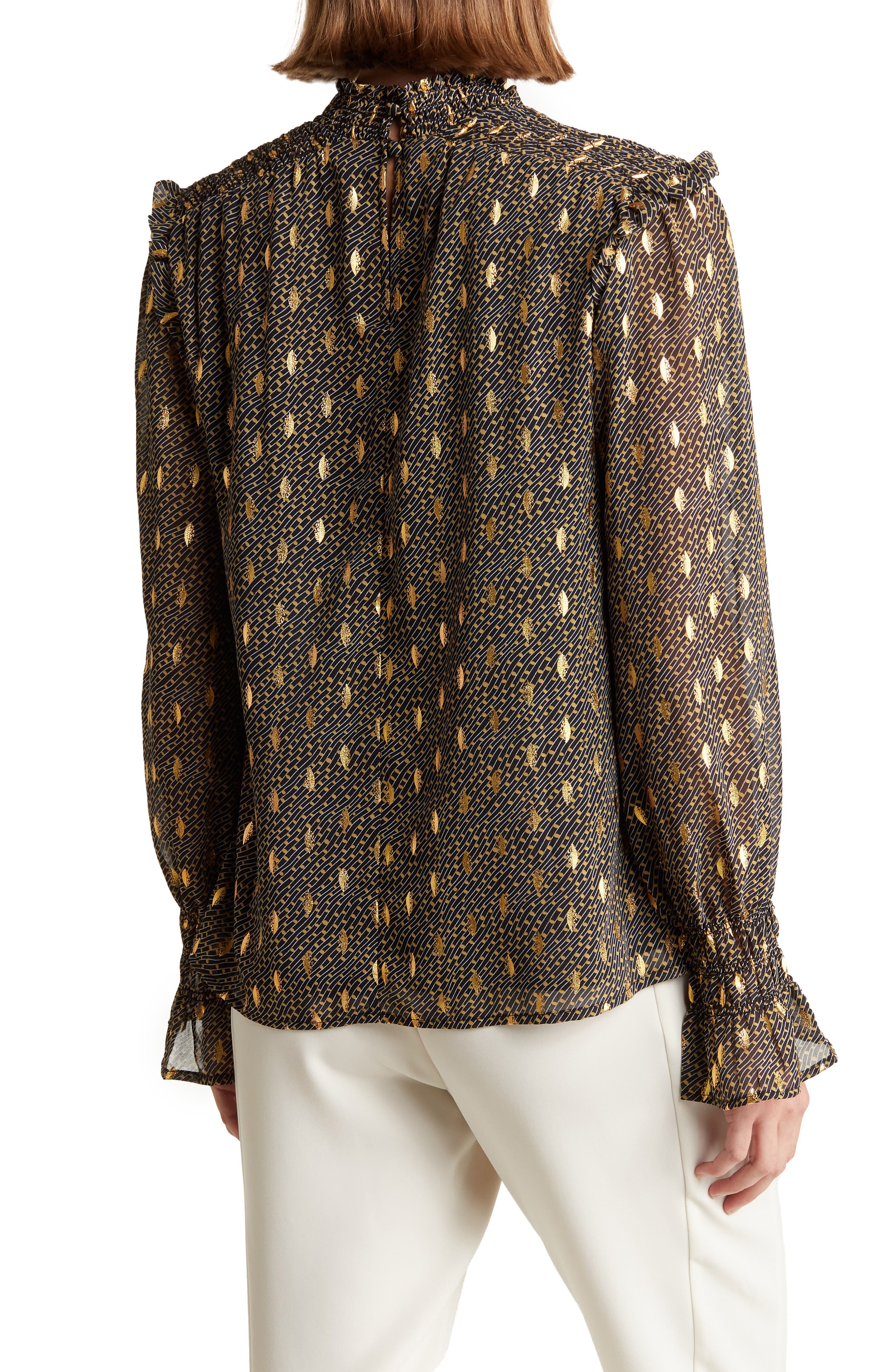 MELLODAY Foil Dot Long Sleeve Smocked Babydoll Top (Women) | Nordstromrack