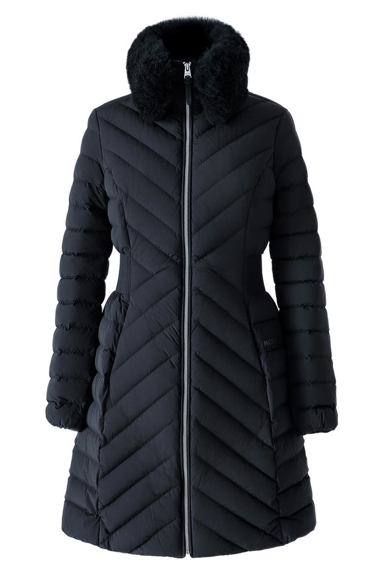 Water Repellent Chevron Quilted Down Coat with Removable Genuine Shearling Collar, Alternate, color, BLACK