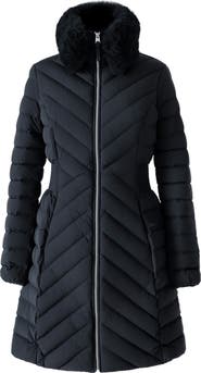 Mackage Water Repellent Chevron Quilted Down Coat with Removable Genuine Shearling Collar