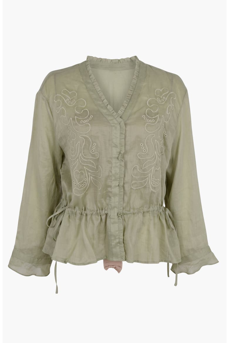 Embroidered Ruffle Trim Blouse with Drawstring Waist and Flared Cuffs, Main, color, Green