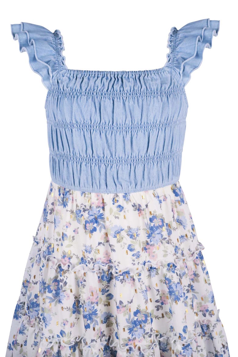Kids' Smocked Denim Floral Tiered Dress, Alternate, color, BLUE/IVORY