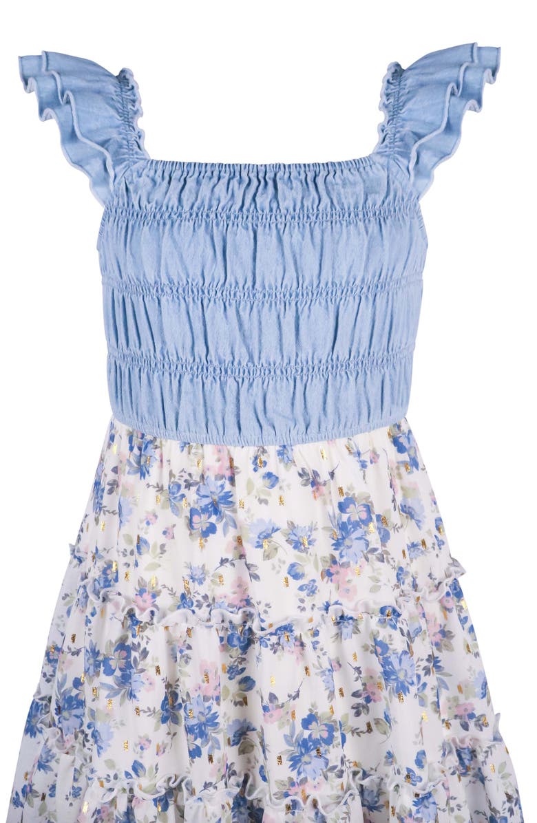 Zunie Kids' Smocked Denim Floral Tiered Dress, Alternate, color, Blue/Ivory