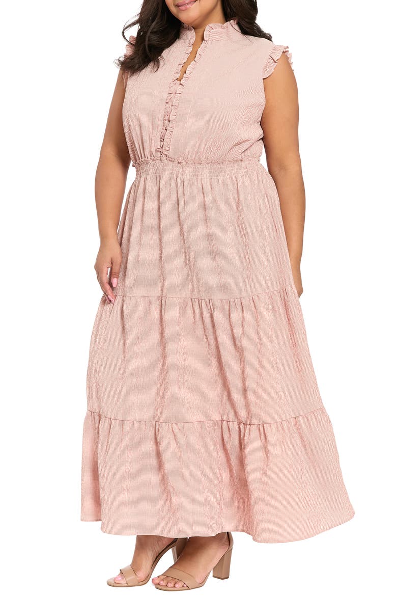 Ruffle Shoulder Smocked Waist Tiered Midi Dress, Alternate, color, ROSE/ CREAM
