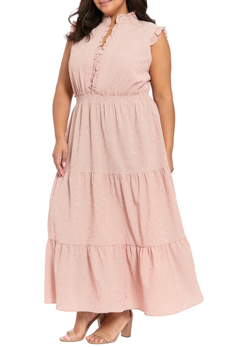 London Times Ruffle Shoulder Smocked Waist Tiered Midi Dress, Alternate, color, Rose/ Cream