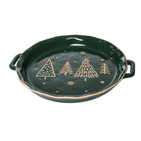 Evergreen Trees Green Christmas Holiday Ceramic Server Platter 11.22"