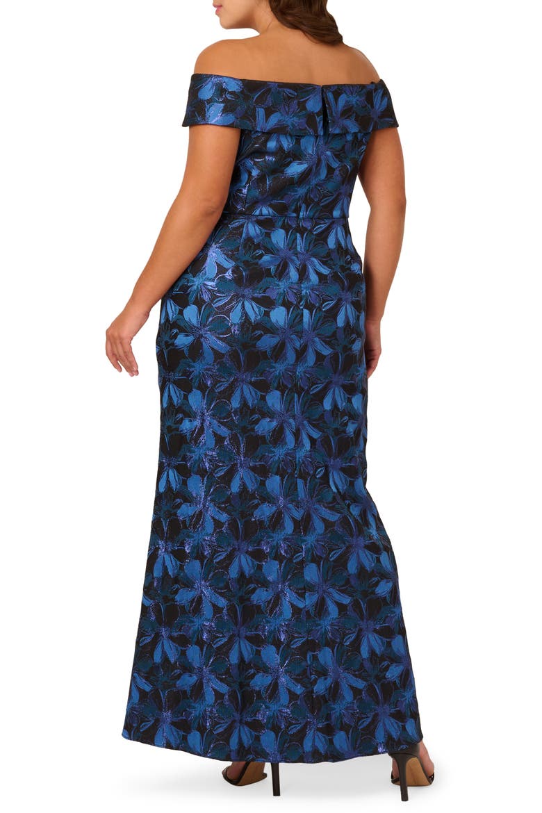 Metallic Floral Jacquard Off the Shoulder Gown, Alternate, color, BLUE MULTI