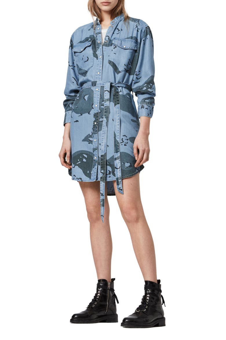 Kat Camo Long Sleeve Denim Mini Shirtdress, Main, color, CAMO BLUE