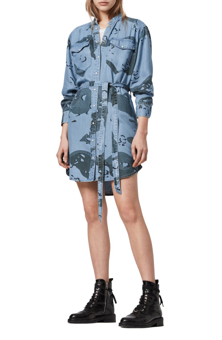 AllSaints Kat Camo Long Sleeve Denim Mini Shirtdress, Main, color, 