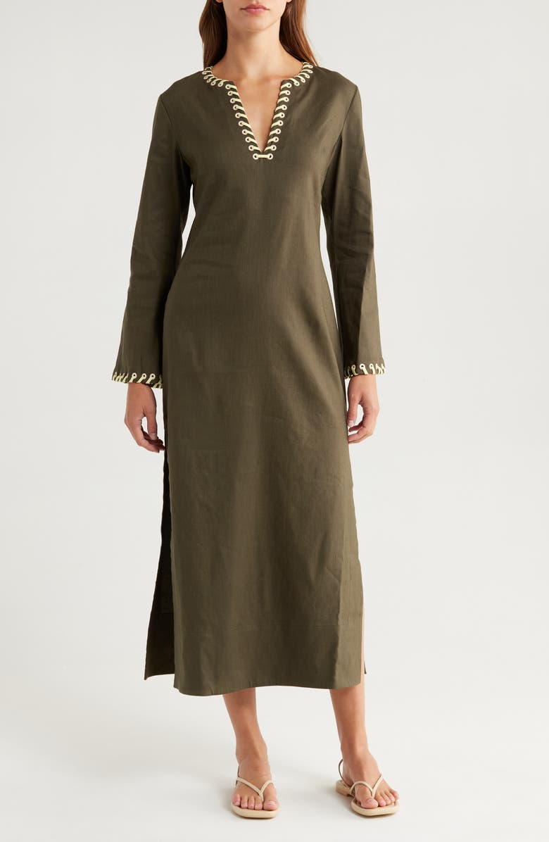 Simkhai Dalta Long Sleeve Linen Blend Maxi Dress, Main, color, Army