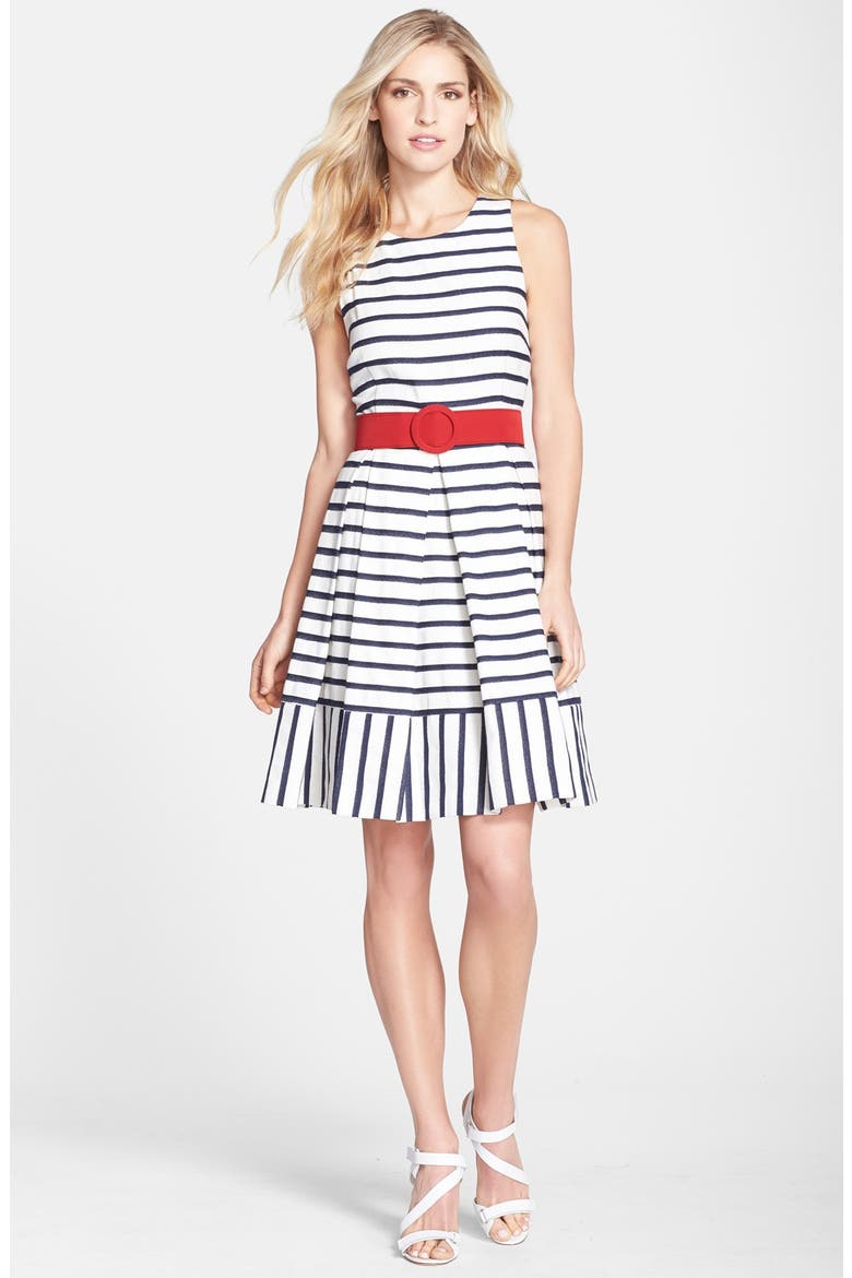 Belted Stripe Fit & Flare Dress, Alternate, color, NAVY/ IVORY