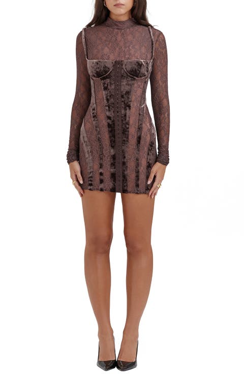 Marica Long Sleeve Lace & Velvet Minidress