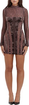 HOUSE OF CB Marica Long Sleeve Lace & Velvet Minidress