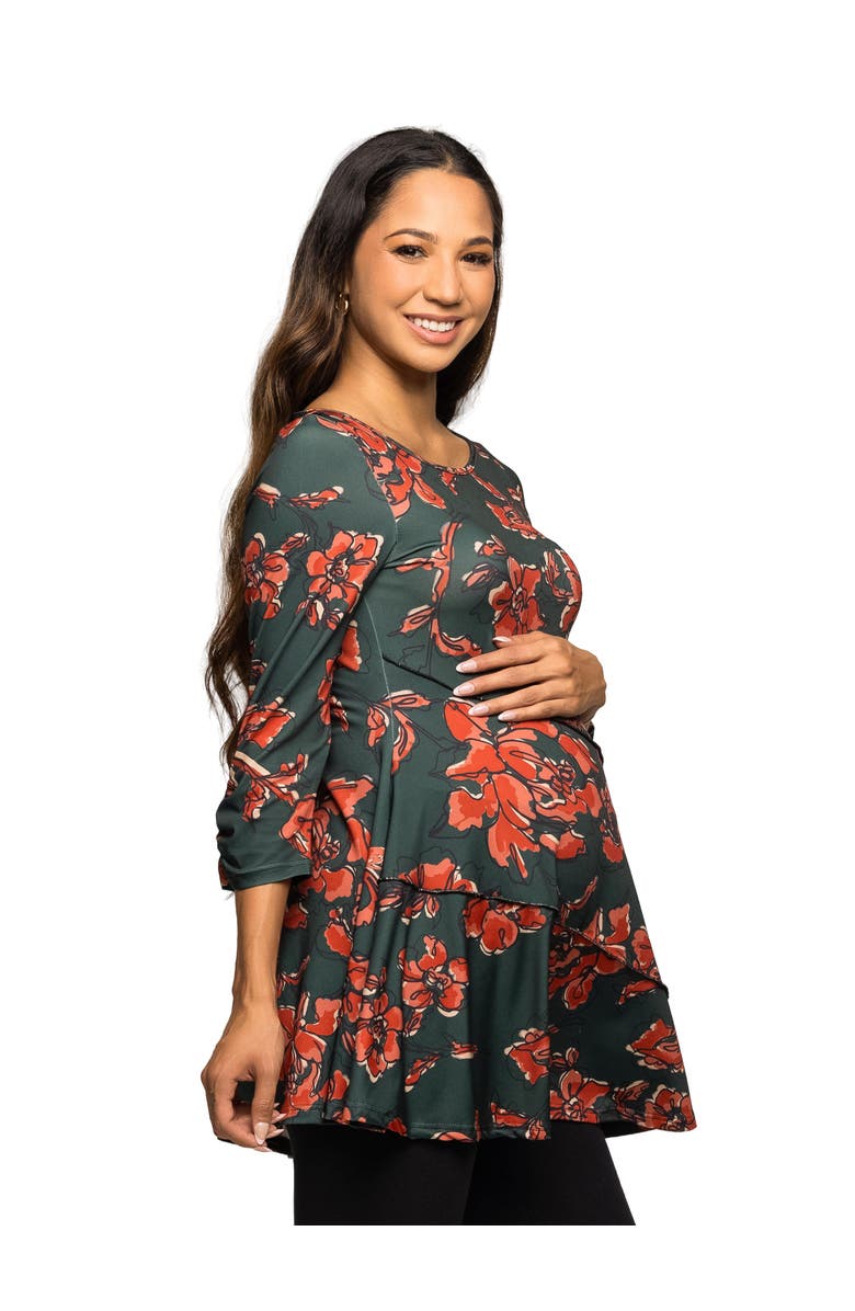 24seven Comfort Apparel Maternity Essential Floral Print Three Quarter Sleeve Tunic Top, Alternate, color, Green Multi