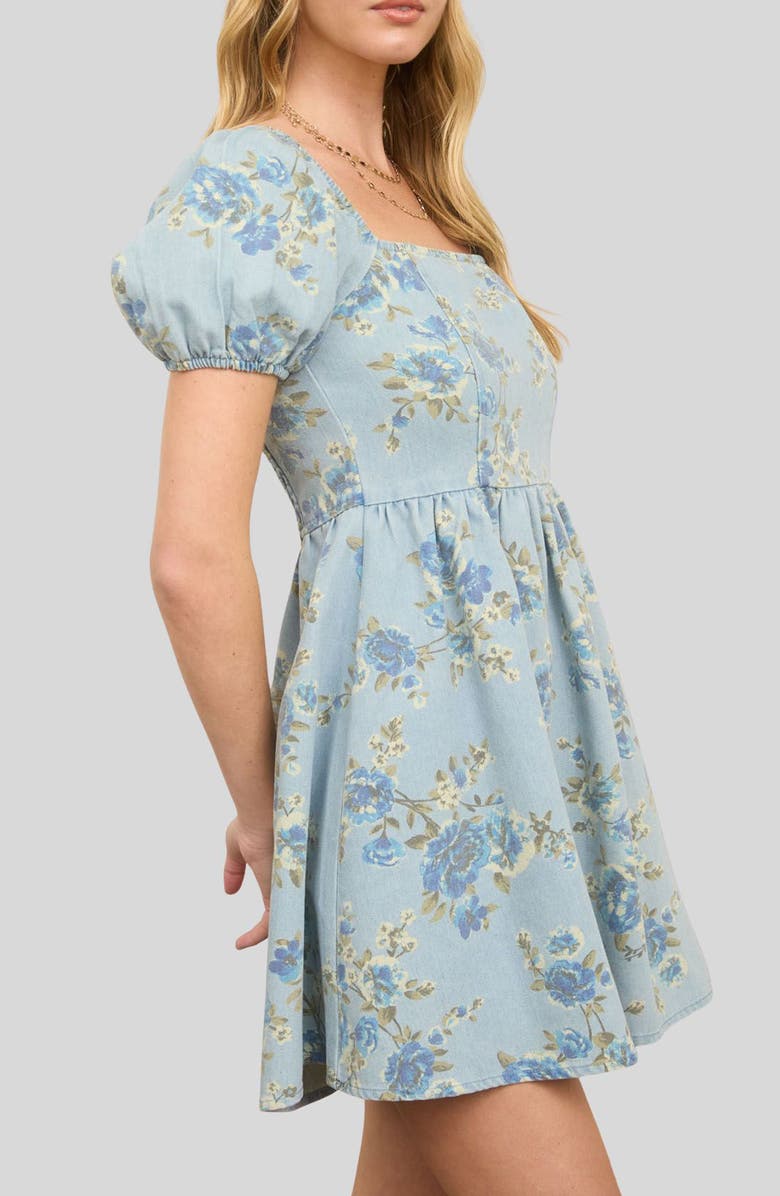 Blu Pepper Floral Print Puff Sleeve Denim Minidress, Alternate, color,