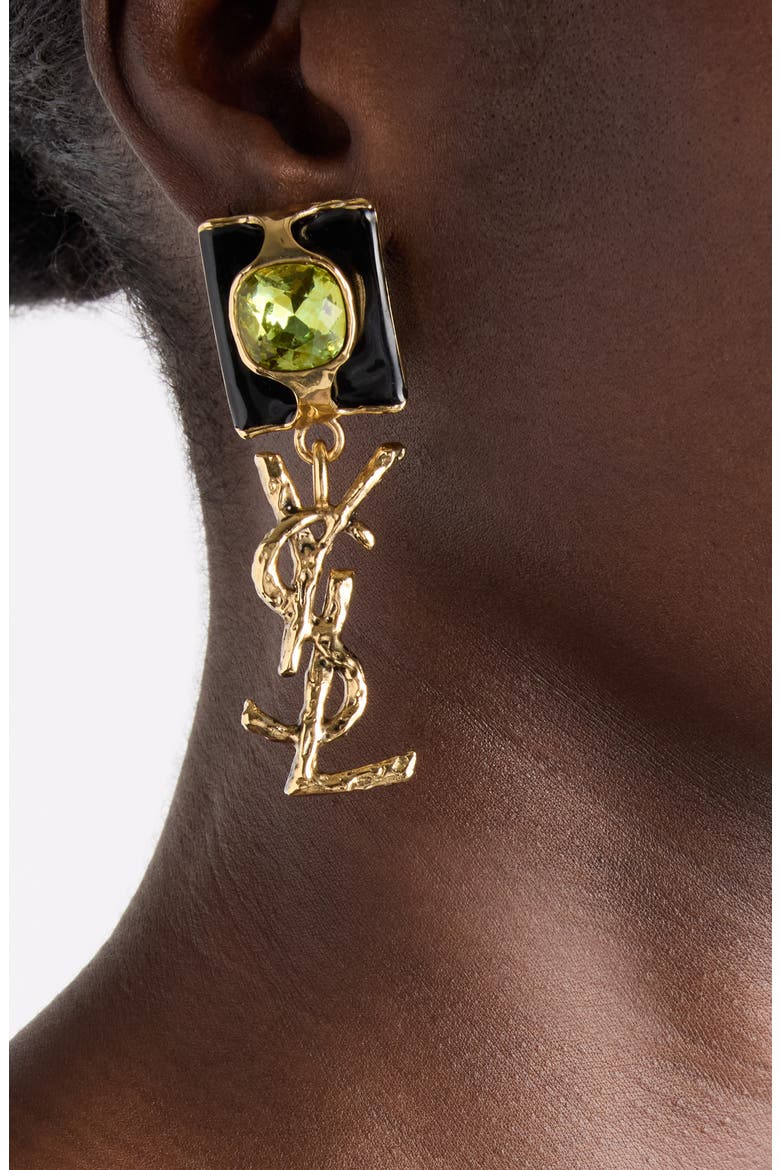 YSL Squared Pendant Drop Earrings, Alternate, color, 7131 GRN/BLK/PATINATED GOLD