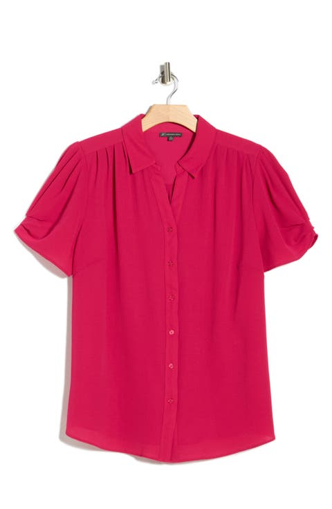 Gathered Short Sleeve Button-Up Shirt (Plus)