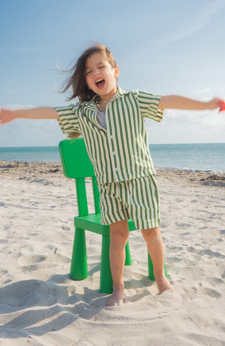 MUMZERS Kids' Stripe Knit Cotton Camp Shirt & Drawstring Shorts Set, Alternate, color, Green