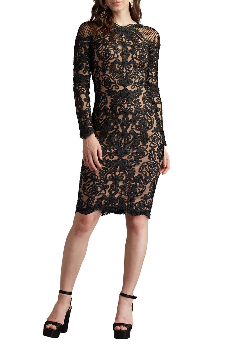 Scroll Lace Long Sleeve Cocktail Dress, Main, color, BLACK/ NUDE