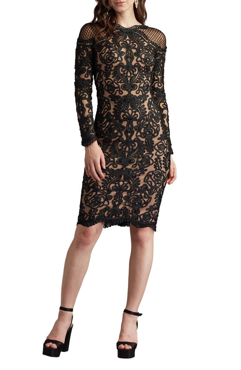 Tadashi Shoji Scroll Lace Long Sleeve Cocktail Dress, Main, color, Black/ Nude