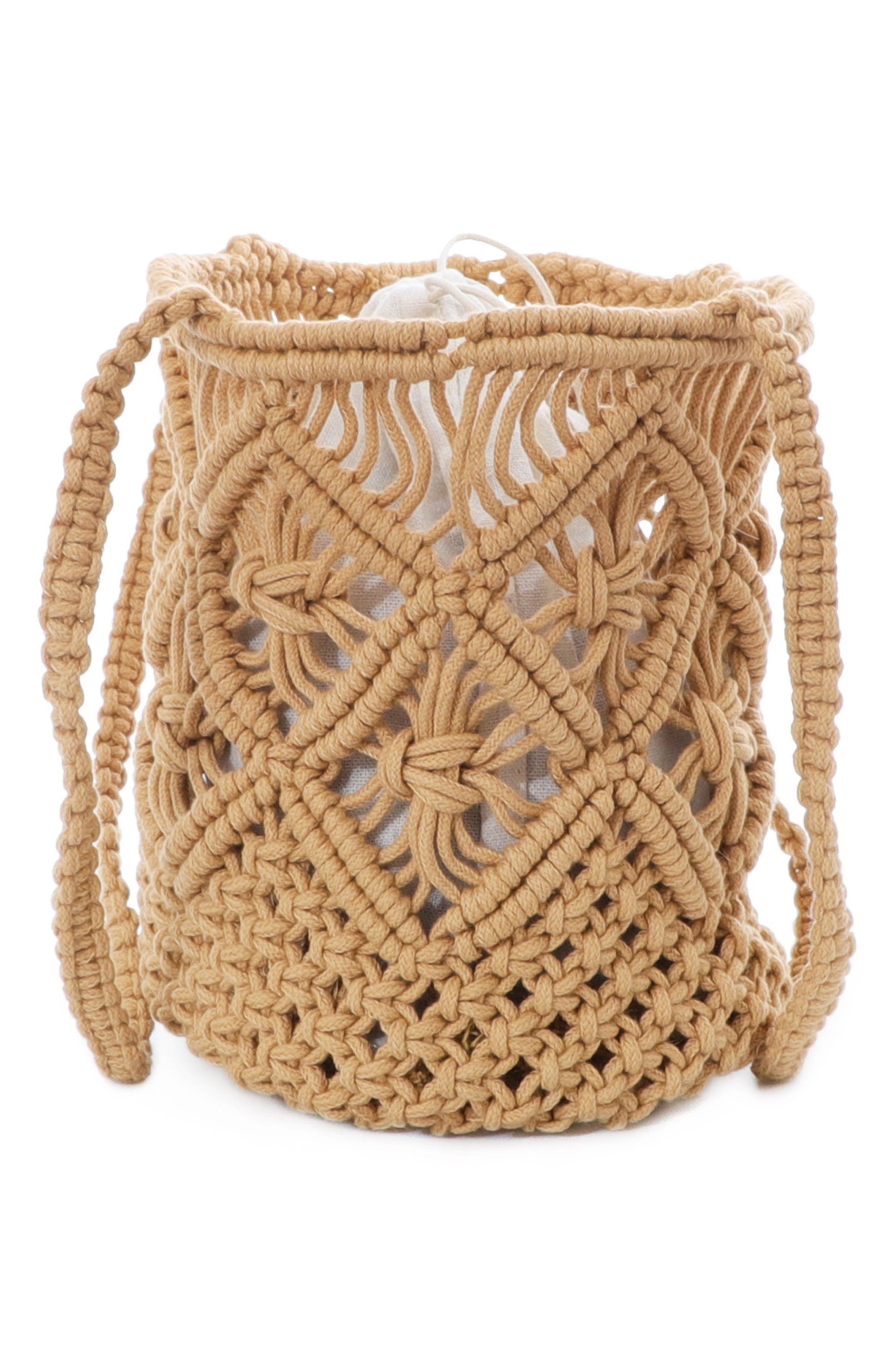 Crocheted Bucket Tote Bag, Alternate, color, BROWN
