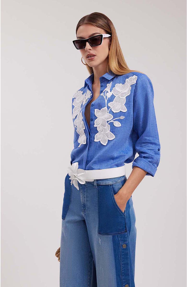 Anne Fontaine Women's Shirt  Citron Blue Linen Shirt With White Floral Applique, Alternate, color, Denim Blue