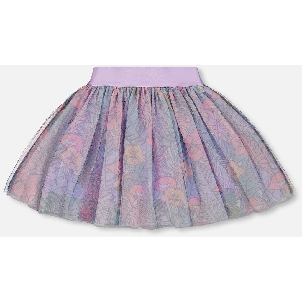 Deux Par Deux Little Girl's Printed Mesh Skirt Lilac Tropical And Pink Flamingos In Lilac And Pink Flamingos