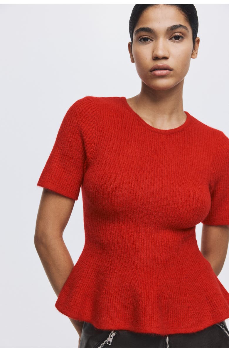 H&M Rib-knit Peplum Top, Alternate, color, Red