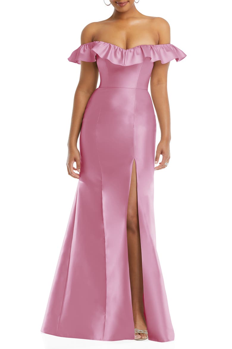 Off the Shoulder Ruffle Satin Trumpet Gown, Main, color, POWDER PINK
